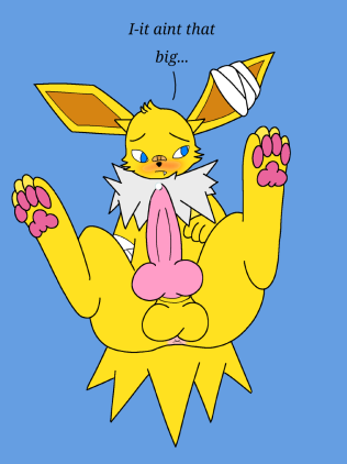 animal_genitalia animal_penis anonymous_artist anus balls band-aid bandage bandaged_arm big_knot blue_background blush canine_penis eeveelution feral flat_colors genitals jolteon knot looking_at_viewer low_res male nintendo onex_volts pawpads penis pokémon_(species) pokemon presenting simple_background solo video_games x_anus