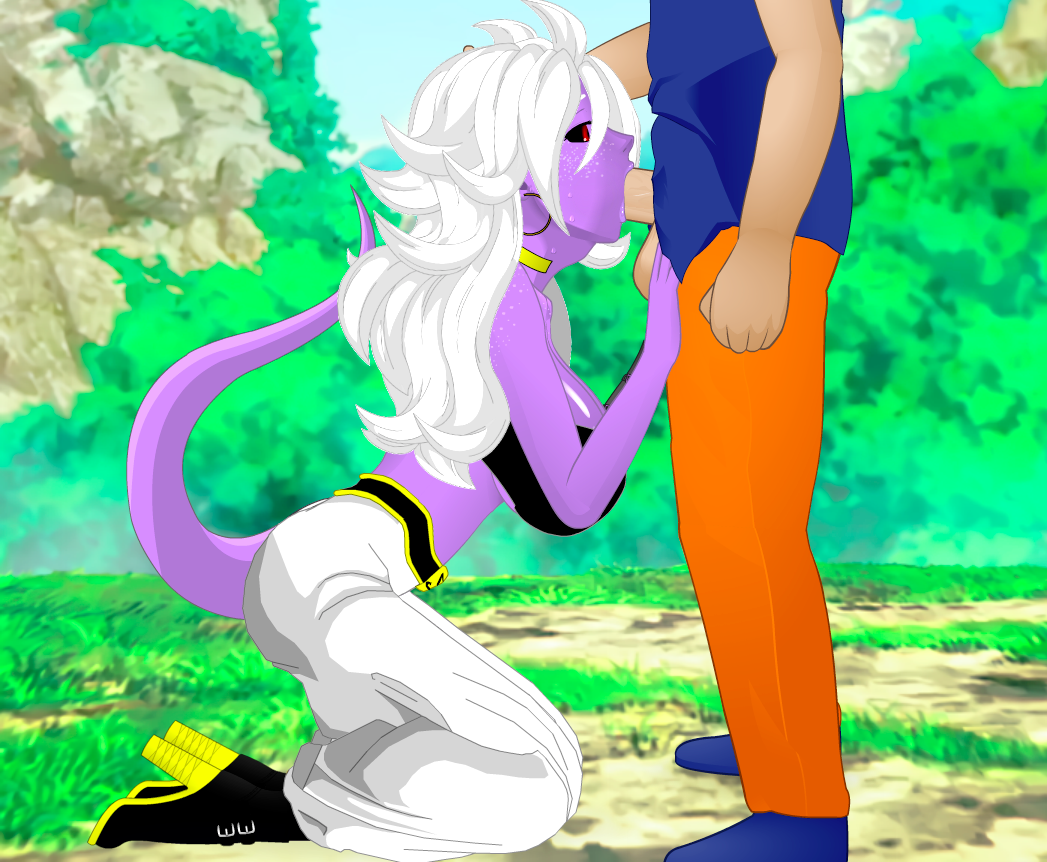 1boy 1girls 2010s :>= android android_21 android_21_(evil) balls big_breasts black_sclera blowjob breast breasts clothed collar dark_persona deepthroat demon_girl detailed_background dragon_ball dragon_ball_fighterz earrings erection fellatio female forced_oral hand_on_head hand_on_leg head_grab humanoid long_hair majin majin_android_21 male male_on_female partial_male penis pointy_ears purple_skin red_eyes roro73290 saiyan son_goku super_deepthroat_game tail testicles white_hair