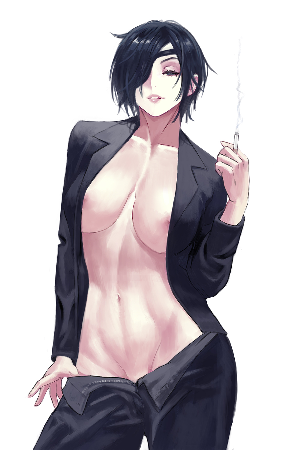 1girls, areola slip, areolae, black clothing, black hair, black-haired female, blazer, blue eyes, breasts, chainsaw man, cigarette, cutesexyrobutts (style), eyepatch, female, female only, hair over one eye, half-closed eyes, himeno (chainsaw man), large breasts, looking at viewer, navel, nipple slip, nipples, open blazer, open clothes, pants pull, pulling down pants, seductive look, short hair, smile, smoking, solo, unzipped pants, white background, zefra bleu