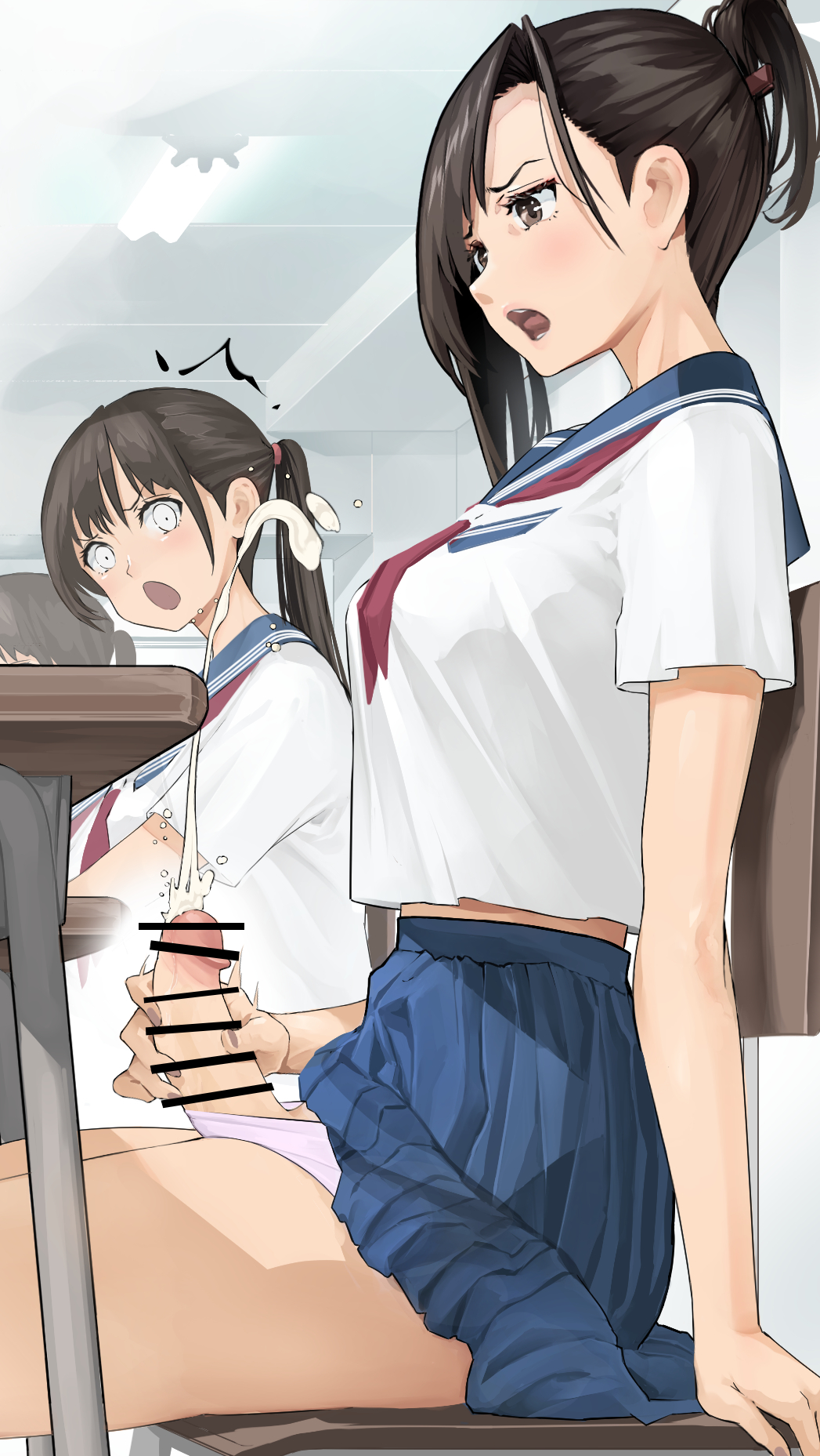 1futa 1girls bar_censor being_watched big_penis black_hair blue_skirt bottomless breasts brown_eyes censored chair classroom clothed clothing cum desk duo ejaculation erection female futa_focus futanari futanari_masturbation highres horny human indoors light-skinned_female light-skinned_futanari light_skin long_hair looking_at_another masturbation mostly_clothed multiple_girls neckerchief open_mouth orgasm original panties penis pink_panties ponytail projectile_cum public public_masturbation red_neckerchief school_desk school_uniform serafuku shiratama_(monster1553) shirt short_sleeves side_view sitting skirt stealth_masturbation surprised underwear white_shirt wide_eyed