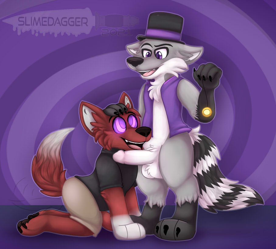 3_toes 4_fingers anthro barefoot canid canine clothed clothing erection feet fingers fully_clothed genitals hypnosis kneeling male male/male mammal mind_control mostly_nude penis procyonid purple_background raccoon simple_background slimedagger spiral spiral_eyes toes watermark