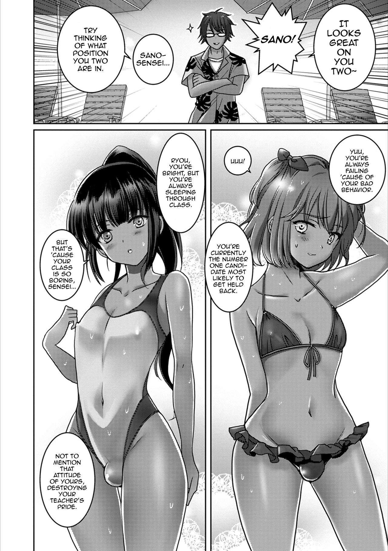 3boys, bare shoulders, belly button, belly button visible through clothing, bikini, black hair, bulge, comic, competition swimsuit, crossdressing, ear visible through hair, ears visible through hair, english text, erect nipples, eyebrows visible through hair, femboy, flat chest, flat chested, frilled bikini, front-tie bikini, gay, greyscale, hair ribbon, hand on chest, hand on head, hand on thigh, itumon (artist), male, mizugi, monochrome, multiple boys, multiple males, nipple bulge, nipples, nipples visible through clothing, one-piece swimsuit, otoko no ko, otokonoko natsu hoshuu, penis, ponytail, sensei, small penis, students, sweat, swimsuit, teacher, text bubble, trap, yaoi