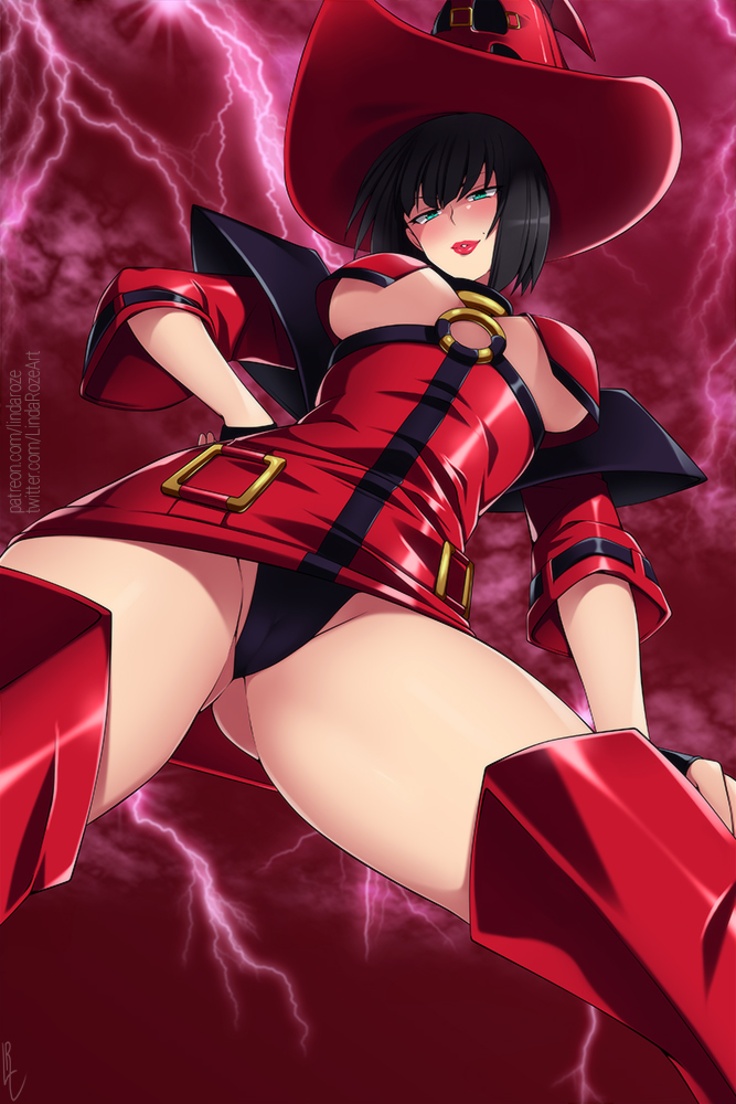 black hair, black panties, blue eyes, bob cut, breasts, cameltoe, female, from below, guilty gear, i-no, lindaroze, looking at viewer, looking down, minidress, mole, no eyewear, panties, pantyshot, pantyshot (standing), pussy, short hair, solo, standing, tagme, thigh boots, thighhighs, underboob, upskirt