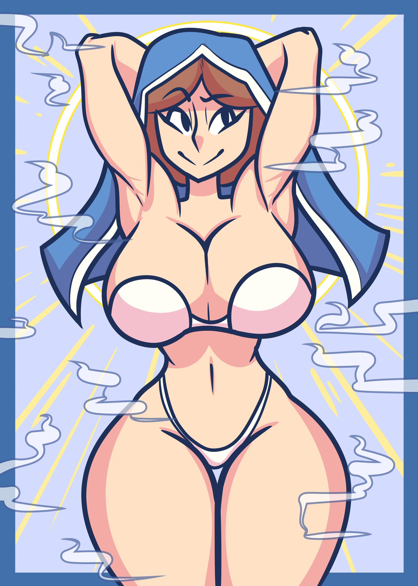 1girls, armpits, arms behind back, bible, big breasts, blue eyes, bra, breasts, brown hair, christianity, cowboy shot, curvaceous, curvy, curvy body, curvy female, curvy figure, female, female focus, female only, halo, hands behind head, highleg panties, huge breasts, human, long hair, looking away, married, mature, milf, mother, pale skin, pale-skinned female, panties, presenting, religion, slender waist, small waist, smiling, solo, solo female, solo focus, sparklecandie, tagme, thick legs, thick thighs, thigh gap, thighs, veil, virgin, virgin mary, voluptuous, wide hips