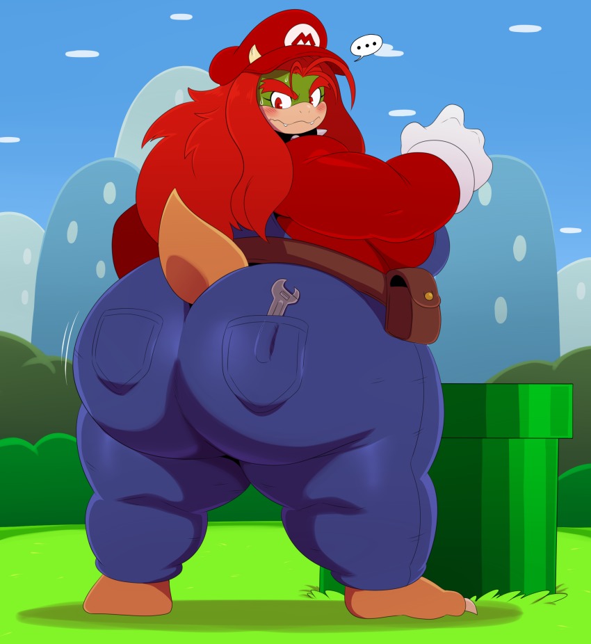 1girls anthro_only ass belt belt_pouch big_ass big_breasts big_butt blue_sky bowser breasts bushes cap clothed clothing clouds cosplay female female_bowser female_only full_body genderbent genderswap_(mtf) grass hills horns long_hair looking_back mario_(cosplay) mario_(series) nintendo no_shoes outdoors overalls red_eyes red_hair rule_63 sky solo spiked_collar sssonic2 standing super_mario_bros. tail warp_pipe white_gloves wrench