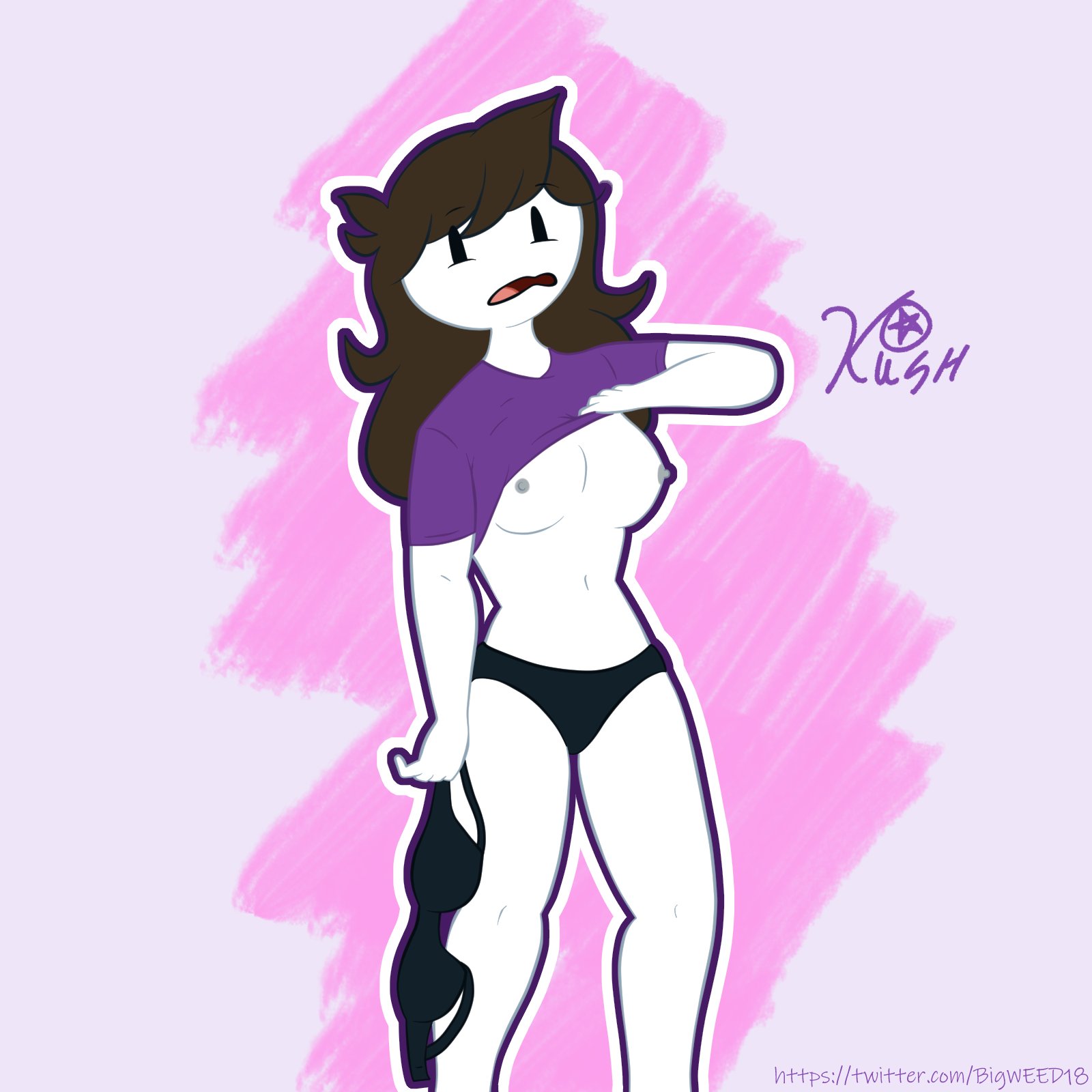 2020, bigkush, black panties, brown hair, female, flashing, hourglass figure, jaiden, jaiden animations, no pants, pink background, purple shirt, signature, standing, taking off bra, white skin, youtube, youtuber