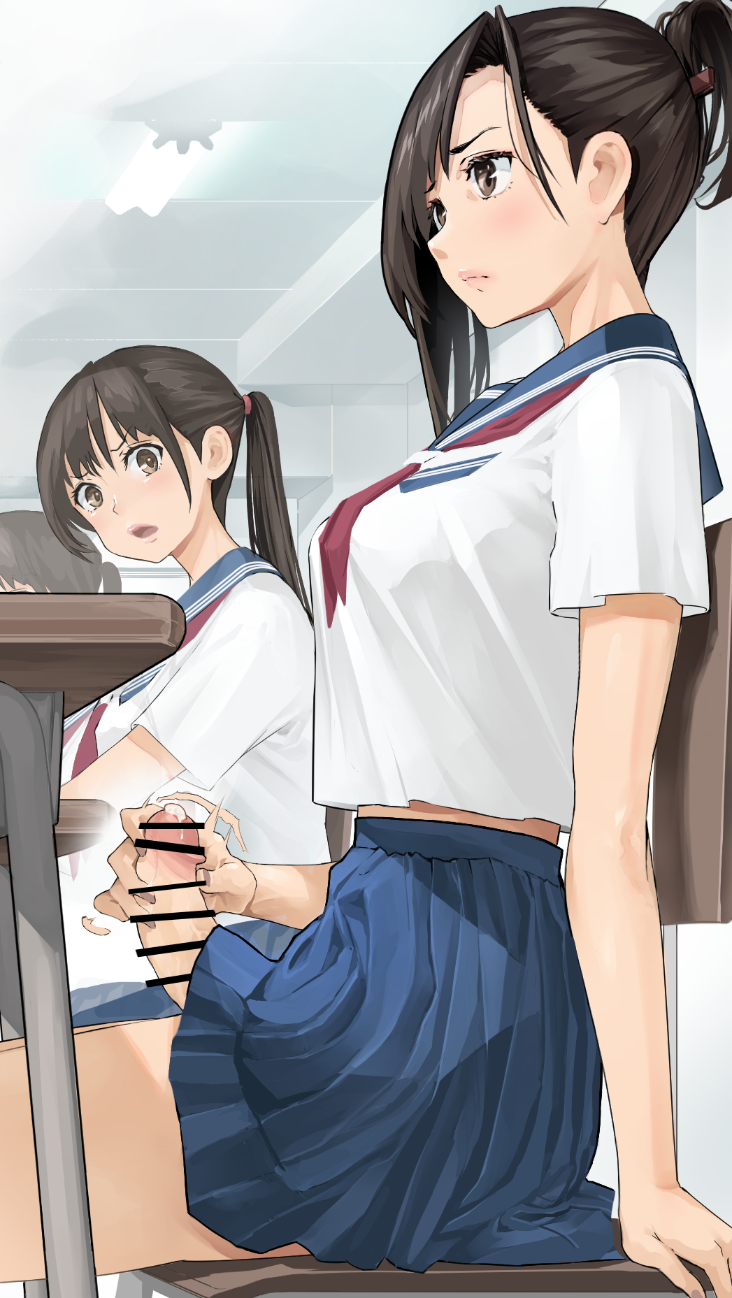 1futa 1girls bar_censor being_watched big_penis black_hair blue_skirt bottomless breasts brown_eyes censored chair classroom closed_mouth clothed clothing desk duo erection female futa_focus futanari futanari_masturbation highres horny human indoors light-skinned_female light-skinned_futanari light_skin long_hair looking_at_another masturbation mostly_clothed multiple_girls neckerchief open_mouth original penis ponytail precum public public_masturbation red_neckerchief school_desk school_uniform serafuku shiratama_(monster1553) shirt short_sleeves side_view sitting skirt stealth_masturbation white_shirt