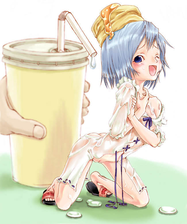 biscuit_(bread) bisuke-tan blue_bow blue_eyes blue_hair bow cup dress female kfc sandals see-through white_dress