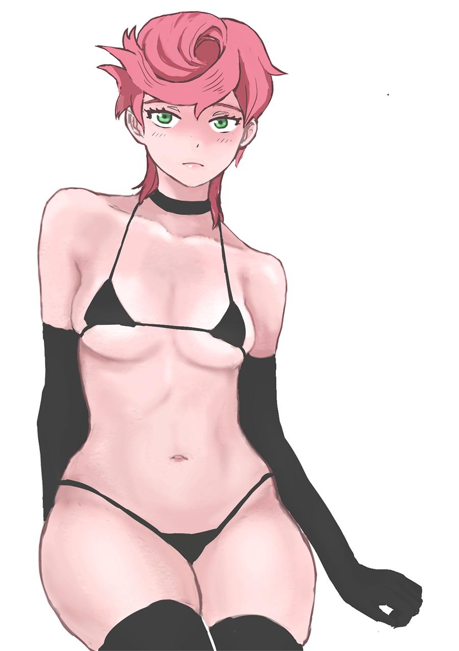 1girls, bikini, blush, blushing, blushing at viewer, breasts, choker, female, gloves, green eyes, jojo's bizarre adventure, looking at viewer, pink hair, short hair, skimpy, skimpy bikini, skimpy clothes, small breasts, tagme, thick thighs, thighhighs, trish una, unknown artist, vento aureo, white background