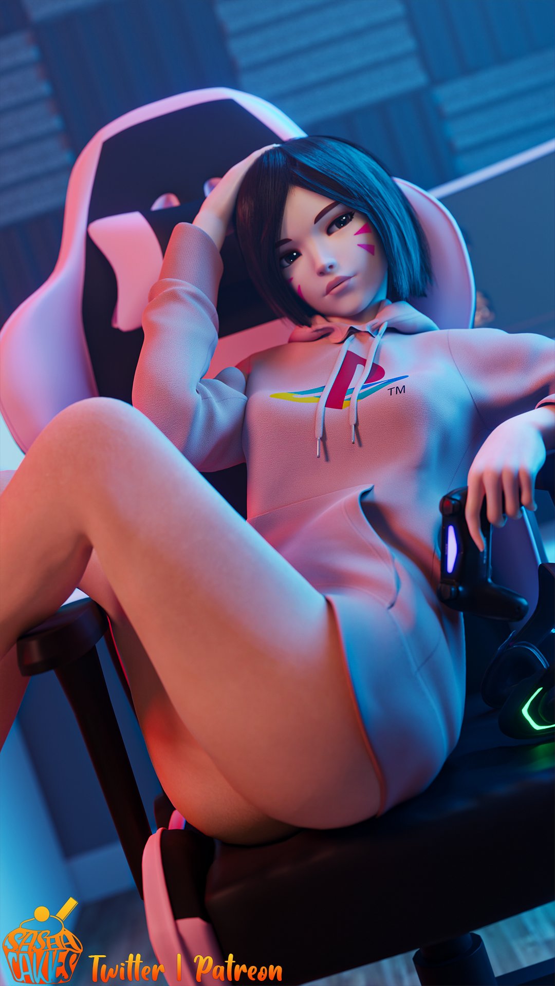 1girls, 3d, alternate hairstyle, bare legs, bob cut, bottomless, brown eyes, brown hair, controller, d.va, facial markings, female, female only, gamer chair, gamer girl, hand on head, hoodie, legs, overwatch, pinup, playstation, playstation controller, sashacakies, sitting, solo