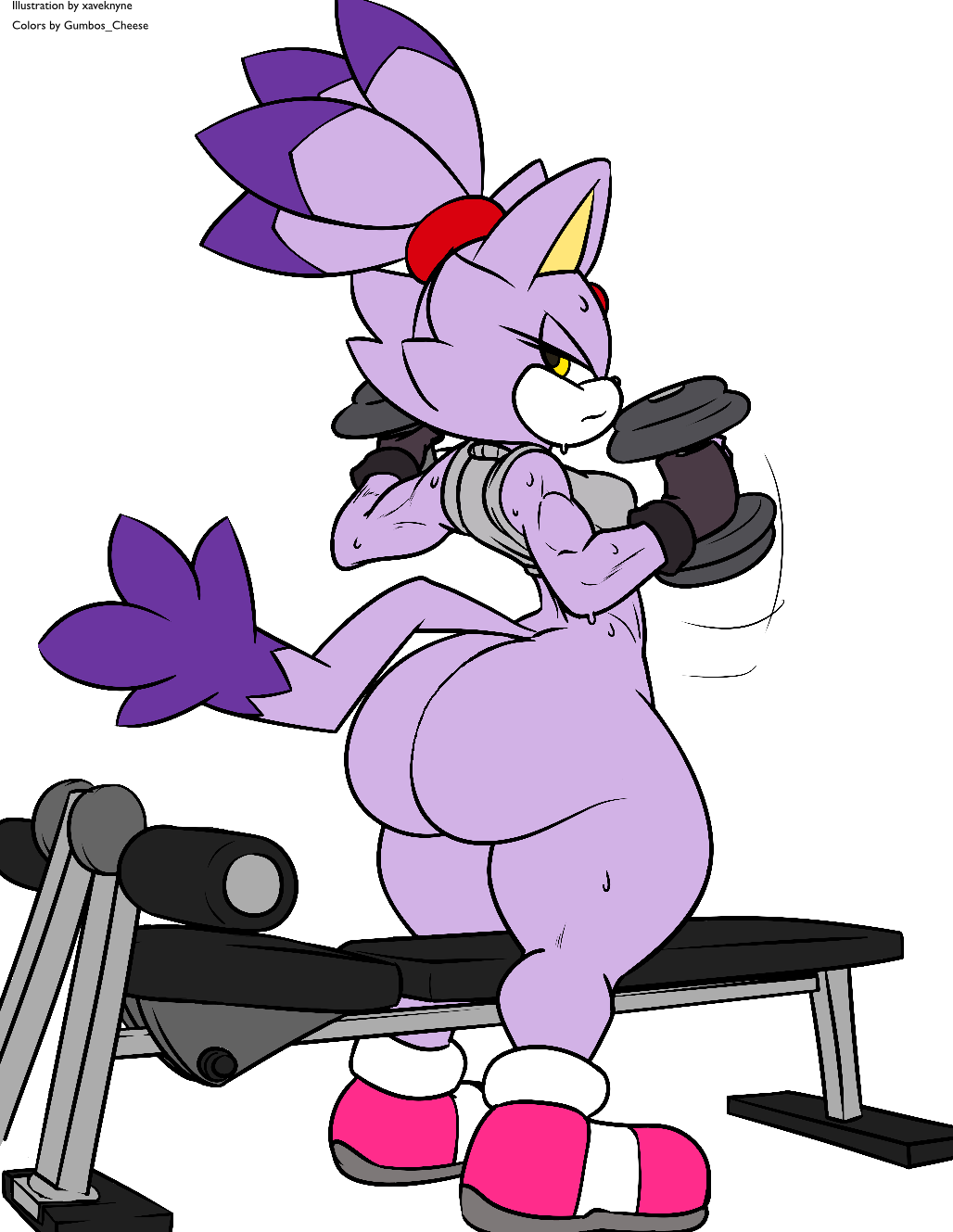 anthro ass biceps big_butt blaze_the_cat bodily_fluids bottom_heavy bottomless breasts clothed clothing domestic_cat exercise felid feline felis female fur gym hi_res huge_butt looking_at_viewer looking_back mammal muscular muscular_female open_mouth partially_clothed purple_body purple_fur small_breasts solo sonic_(series) sonic_the_hedgehog_(series) standing sweat thick_thighs weightlifting wide_hips working_out workout xaveknyne yellow_eyes