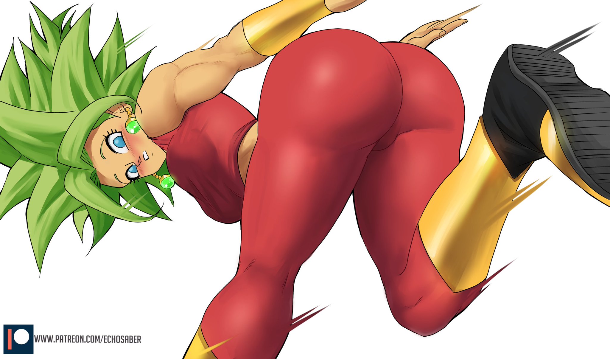 1girls, ass, big ass, blue eyes, blush, boots, clothed, dragon ball, dragon ball super, earrings, echosaber, female, female only, female saiyan, green hair, kefla, legendary super saiyan, looking at viewer, looking back, motion blur, motion lines, muscular, muscular arms, muscular female, running, solo, spiky hair, super saiyan, super saiyan 2, tight clothing, tight pants, universe 6, universe 6/universe 7, white background