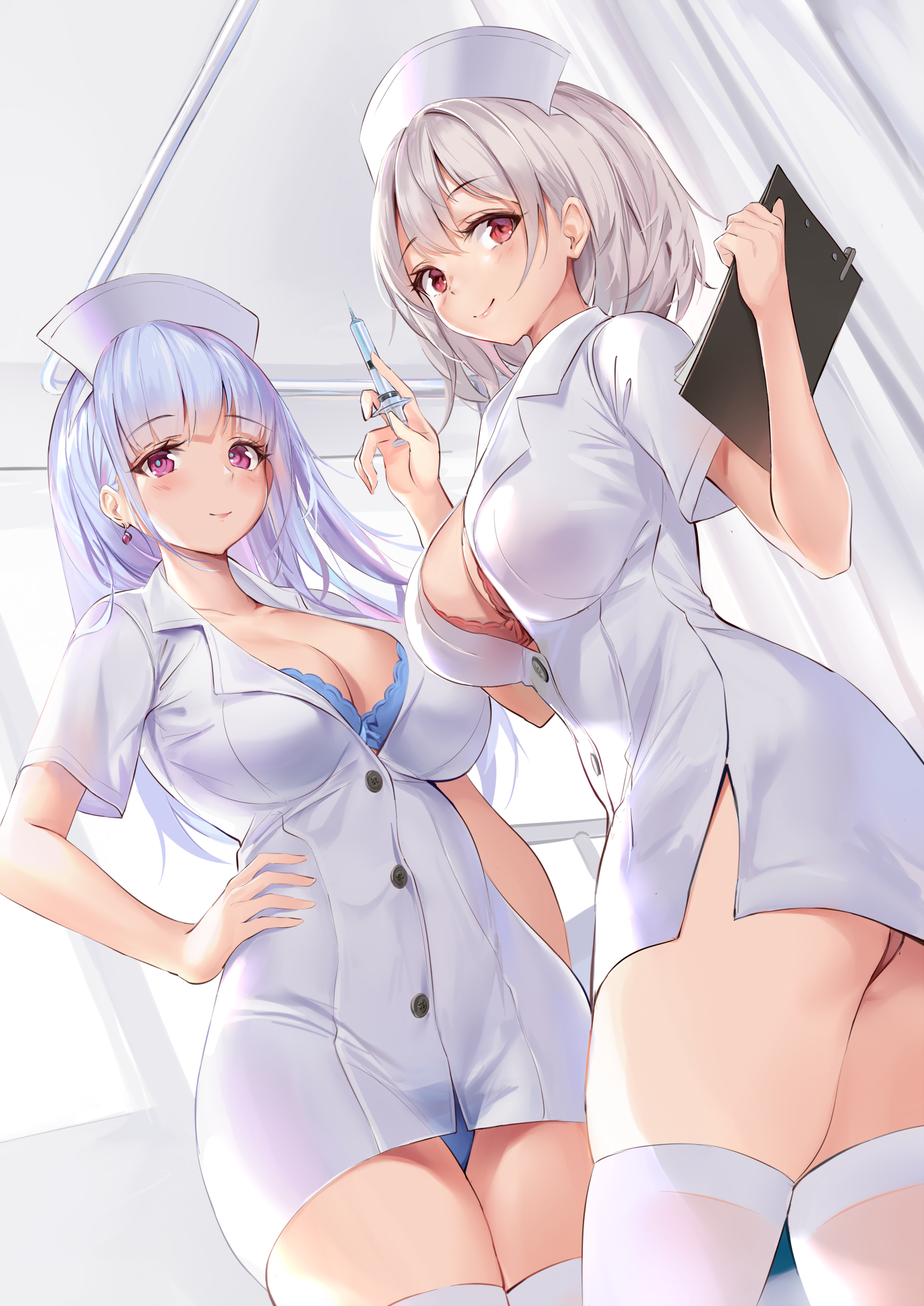 2girls, alternate costume, ass, azur lane, bangs, blue bra, blue panties, blunt bangs, blush, bra, breasts, cleavage, clipboard, closed mouth, collarbone, cowboy shot, curtains, dido (azur lane), earrings, eyebrows visible through hair, female, grey hair, hand on hip, hat, highres, holding, indoors, jewelry, large breasts, long hair, looking at viewer, multiple females, multiple girls, nurse, nurse cap, panties, pdxen, purple eyes, red bra, red eyes, red panties, see-through, see-through panties, short hair, short sleeves, silver hair, sirius (azur lane), skindentation, smile, syringe, thighhighs, underwear, white headwear, white legwear, wing collar