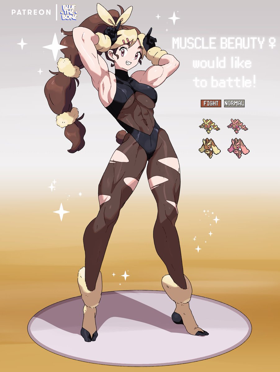 1girls, abs, blonde hair, bluethebone, breasts, brown hair, english text, female, female only, full body, gameplay mechanics, gloves, grin, long hair, looking at viewer, lopunny, mega lopunny, muscular, muscular female, original character, pokemon, pokemon (species), pokemon battle, revealing clothes, see-through, see-through clothing, smile, solo, text, torn clothes, transparent clothing, two-tone hair, underboob