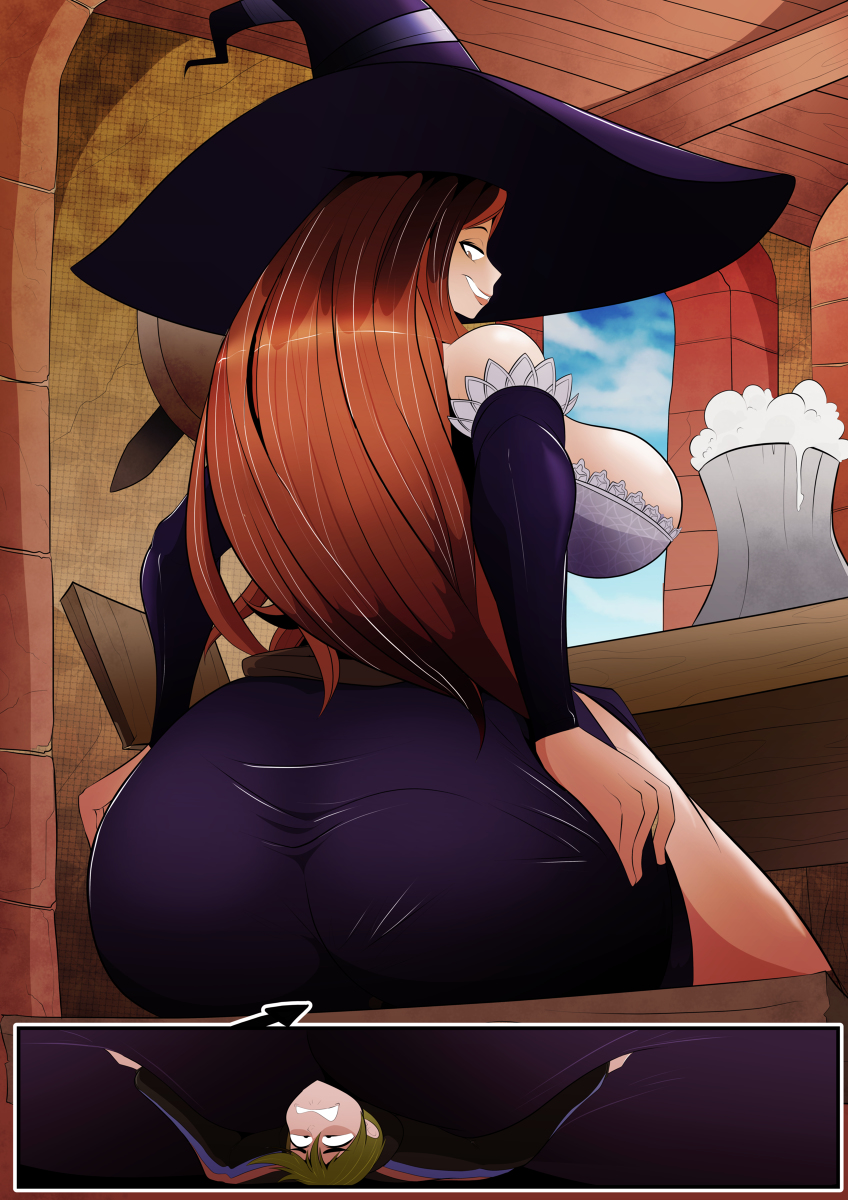 1boy, 1girls, ass, big ass, big breasts, breasts, butt crush, buttcrush, death by snoo snoo, dragon's crown, female, femdom, giantess, looking down, male, malesub, micro male, size difference, smaller male, sorceress (dragon's crown), vale-city, witch, witch hat