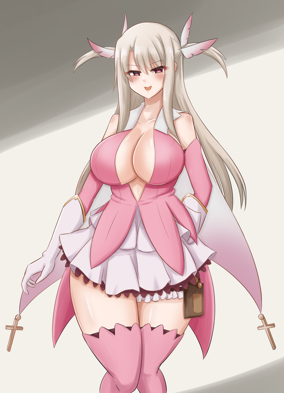 1girls, aged up, alternate breast size, big breasts, big thighs, blush, breasts, dress, fate (series), fate/grand order, fate/kaleid liner prisma illya, female, gloves, hair ornament, illyasviel von einzbern, light skin, light-skinned female, long hair, looking at viewer, magical girl, open mouth, pink thigh highs, pink thighhighs, red eyes, seductive, shadow, smile, thick thighs, thigh highs, thighhighs, tied hair, wall, white background, white dress, white gloves, white hair