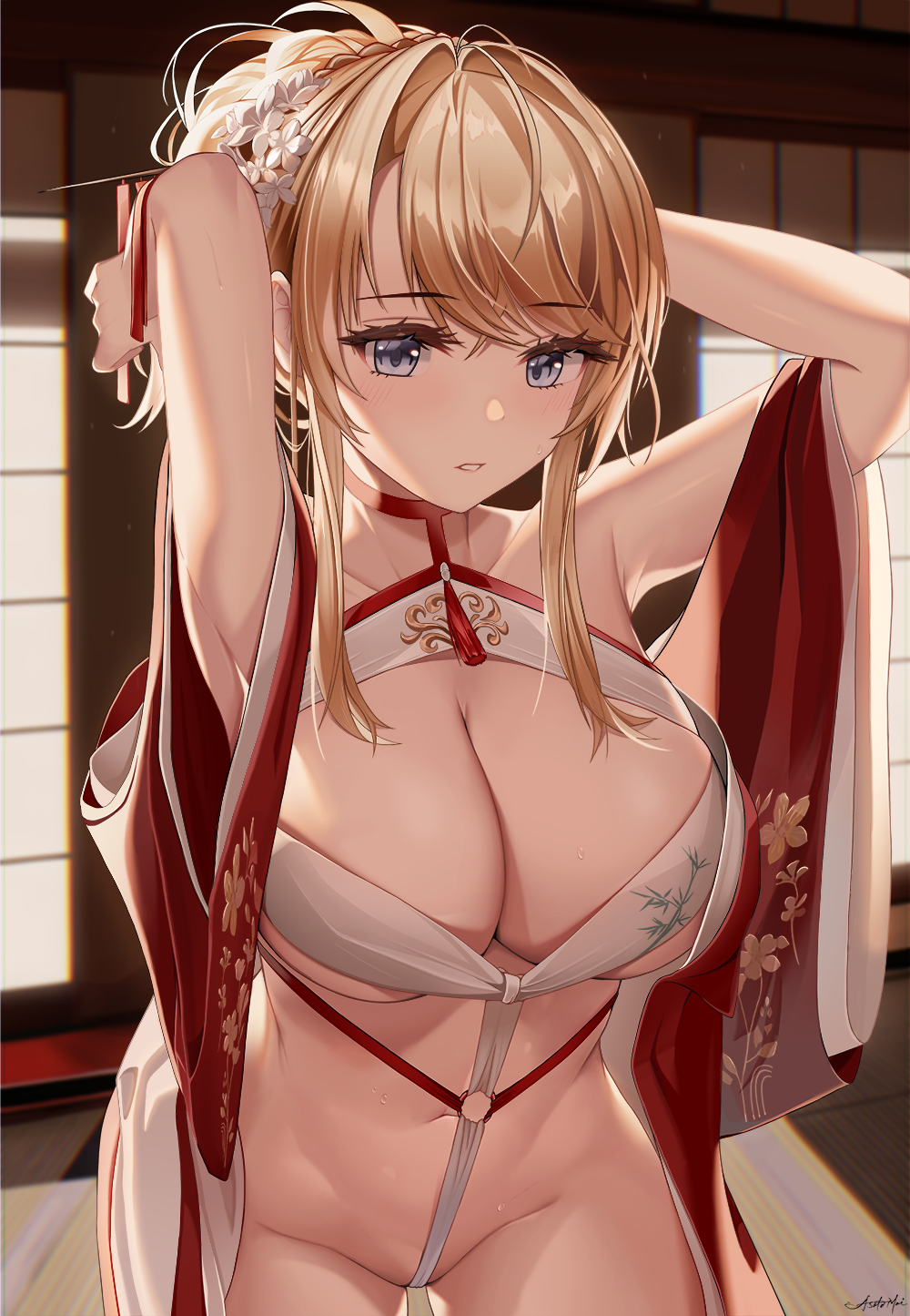 1girls armpits arms_up asato_mai azur_lane bangs bare_shoulders blonde_hair blue_eyes blush braid breasts chinese_clothes cleavage cleavage_cutout clothing_cutout collarbone commentary cowboy_shot crown_braid dress eyebrows_visible_through_hair female floral_print flower glorious_(azur_lane) glorious_(pungent_plum)_(azur_lane) groin hair_between_eyes hair_flower hair_intakes hair_ornament hair_stick highres indoors kanzashi large_breasts light-skinned_female light_skin looking_at_viewer navel o-ring official_alternate_costume open_clothes parted_lips red_dress royal_navy_(azur_lane) solo stomach teeth tied_hair white_flower wide_sleeves