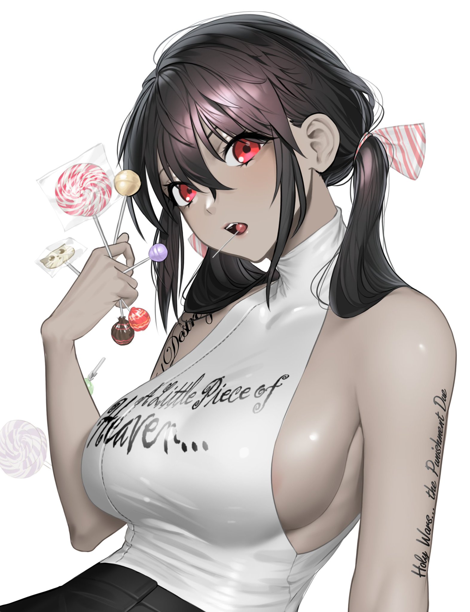 1girls, areola slip, black hair, breasts, candy, dark skin, dark-skinned female, female, hair between eyes, large breasts, light skin, light-skinned female, lollipop, looking at viewer, norunollu, open mouth, pale skin, pale-skinned female, red eyes, rodr 339, sideboob, sleeveless, tattoo, text, twintails