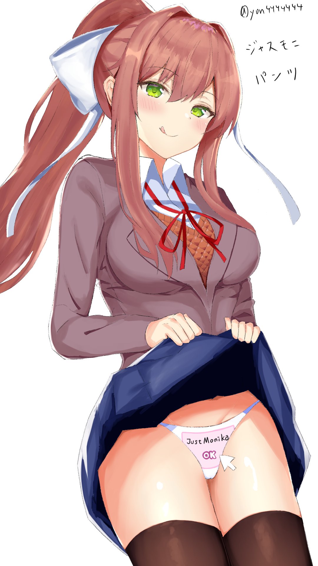 :p, 1girls, black legwear, black thighhighs, blue skirt, breasts, brown hair, doki doki literature club, exposed panties, female, green eyes, legwear, looking at viewer, monika (doki doki literature club), panties, pantyshot, ponytail, pov, pov eye contact, ribbon, school uniform, schoolgirl, shiny thighs, skirt, skirt lift, solo, solo female, solo focus, thick thighs, thighhighs, thighs, tongue, tongue out, underwear, white panties, white ribbon, yon4444444