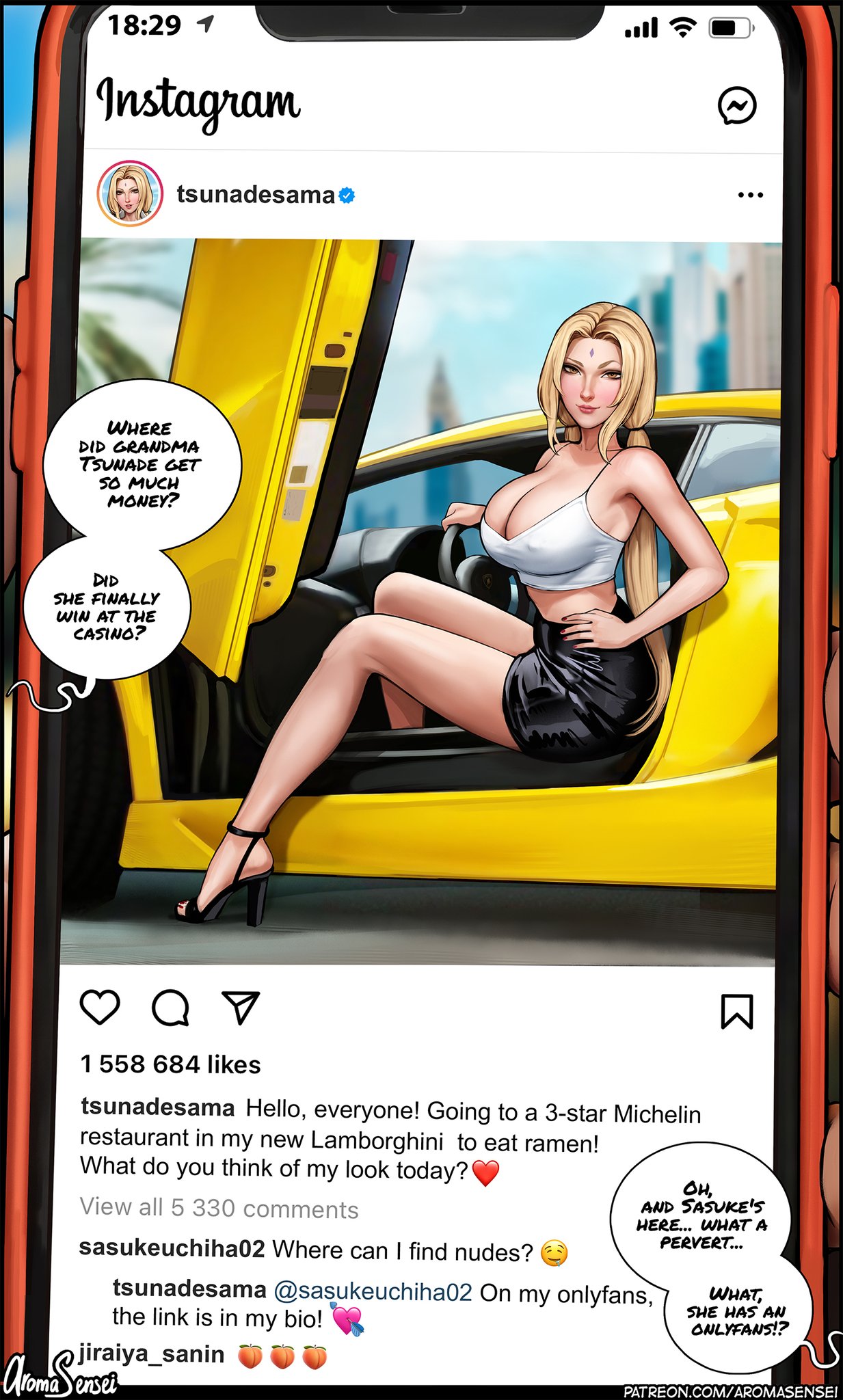 1boy, 1girls, areolae, aroma sensei, big breasts, blonde hair, breasts, busty, cleavage, comic, dialogue, english text, female, hokage, hourglass figure, huge breasts, instagram, large breasts, legs, light skin, light-skinned female, long hair, lower body, male, naruto, naruto (series), naruto shippuden, nipples, offscreen character, offscreen male, onlyfans, onlyfans model, phone, phone screen, platinum blonde hair, pov, shounen jump, speech bubble, text, thick legs, thick thighs, thighs, tsunade, upper body, uzumaki naruto, voluptuous