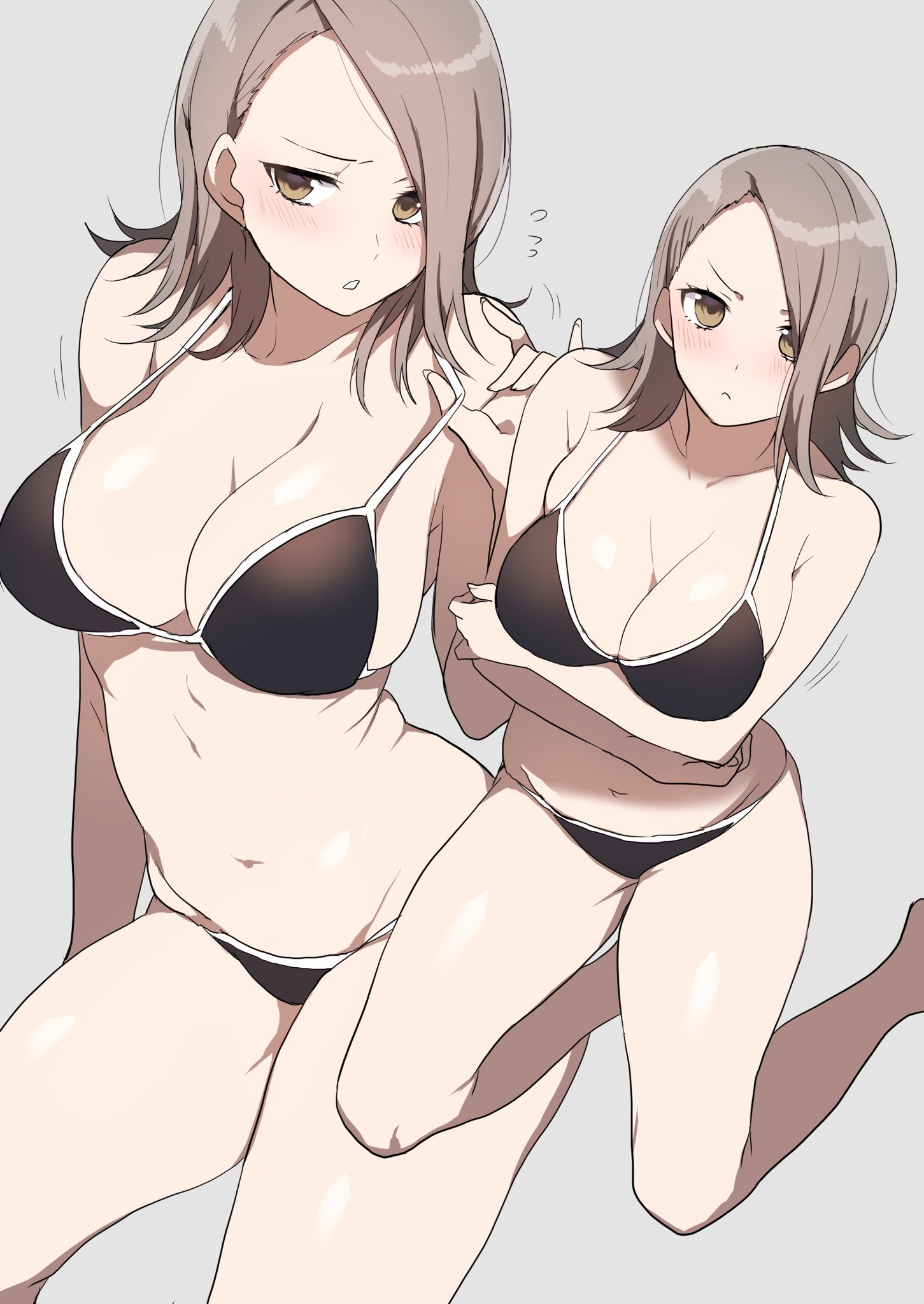 bikini, black bikini, blush, breast hold, breasts, brown eyes, brown hair, cleavage, closed mouth, female, flying sweatdrops, frown, grey background, highres, kneeling, large breasts, mashiro (rikuya), medium hair, motion lines, multiple views, navel, open mouth, original, simple background, sitting, skindentation, strap pull, swimsuit