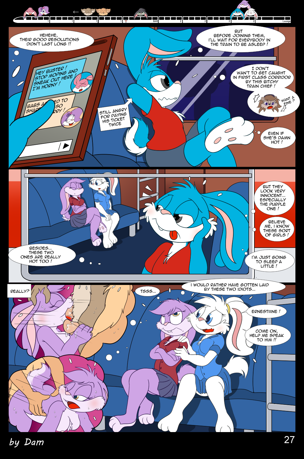 3_toes 4_fingers anthro babs_bunny breasts buster_bunny clothed clothing comic dam_(artist) dialogue english_text engrish feet female fifi_la_fume fingers group hi_res lagomorph leporid male mammal mephitid page_27 plantigrade rabbit skunk speech_bubble straight_hair text tiny_toon_adventures toes toons toony train vehicle warner_brothers