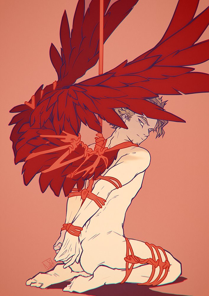 1boy, ass, bare ass, barefoot, blonde hair, bondage, feathered wings, hands behind back, hawks (my hero academia), keigo takami, looking back, male, male focus, male only, my hero academia, nude, nude male, on knees, rope, rope bondage, solo, solo focus, solo male, sugarforkfull, tied arms, tied hands, tied legs, tied up, wings