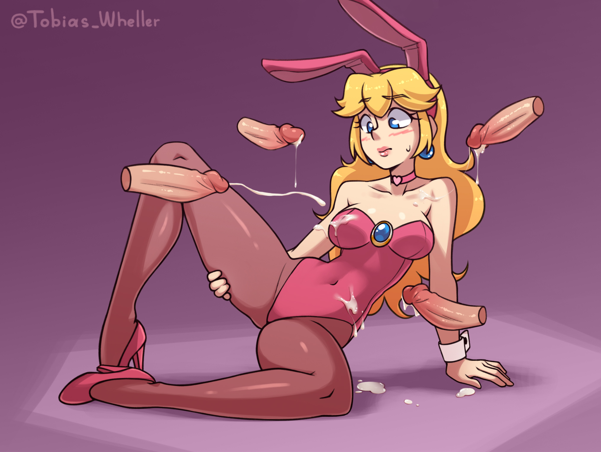 1girls, 4boys, blonde hair, blue eyes, blush, breasts, bukkake, bunny ears, bunny girl, bunnysuit, choker, cleavage, cum, cum on body, cum on breasts, disembodied penis, female, female focus, full body, fully clothed, high heels, human, leotard, long hair, male, mario (series), multiple boys, multiple males, multiple penises, nintendo, pantyhose, penis, pink leotard, princess peach, purple background, simple background, solo focus, strapless, strapless leotard, surrounded by penises, tobias wheller, wrist cuffs