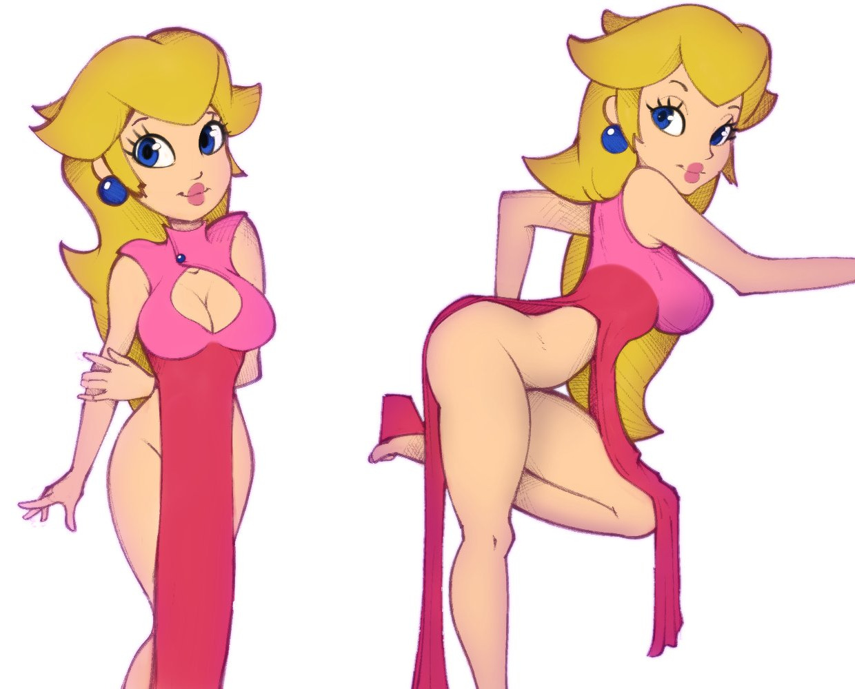 1girls, asian clothing, blonde hair, blue eyes, boob window, breasts, chinese clothes, cleavage, cleavage cutout, clothing, double slit dress, dress, female, female only, long hair, looking at viewer, mario (series), multiple images, multiple views, nintendo, pelvic curtain, pink dress, princess peach, revealing clothes, simple background, sleeveless, sleeveless dress, smile, solo, standing, thick lips, thick thighs, throat (artist), white background, white female
