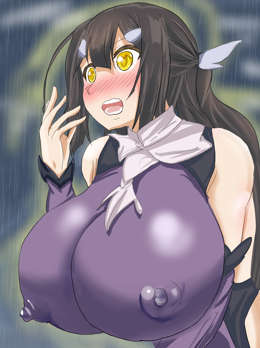 1girls big_breasts black_hair blue_background blush blush breasts dark_sky erect_nipples erect_nipples_under_clothes fate/grand_order fate/kaleid_liner_prisma_illya fate_(series) gasp gasping hair_ribbon hand_on_mouth long_hair miyu_edelfelt open_mouth rain raining solo_female surprised tied_hair yellow_eyes