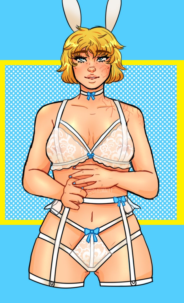 apex legends, blonde hair, blue bow, blue eyes, bunny ears, bunny girl, choker, female, lace, lace bra, lichtenberg figure, lingerie, ohitsmiki17, scar, scars, see-through, see-through bra, see-through clothing, see-through top, wattson (apex legends), white legwear, white lingerie, white panties