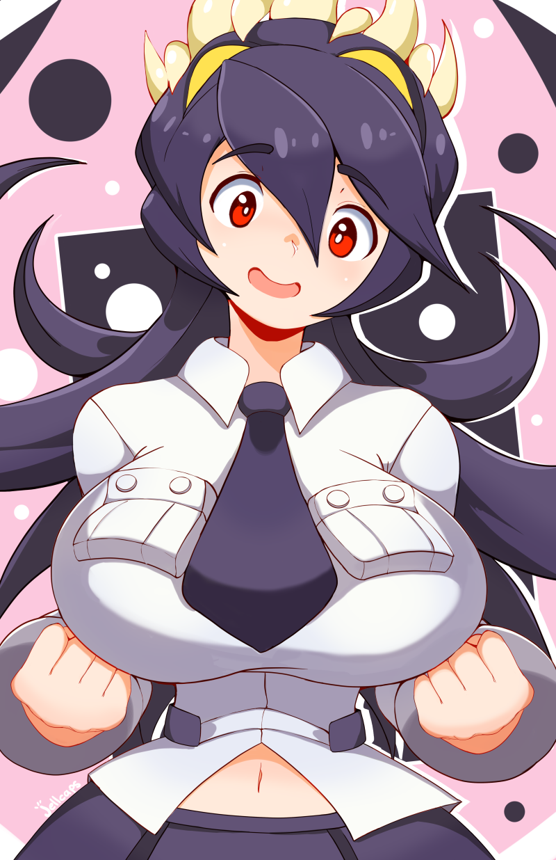 1boy, 1girls, big breasts, black hair, breasts, female, filia (skullgirls), huge breasts, jellcaps, large breasts, long hair, male, miniskirt, navel, red eyes, samson (skullgirls), school uniform, skirt, skullgirls, stomach, tentacle, tentacle hair
