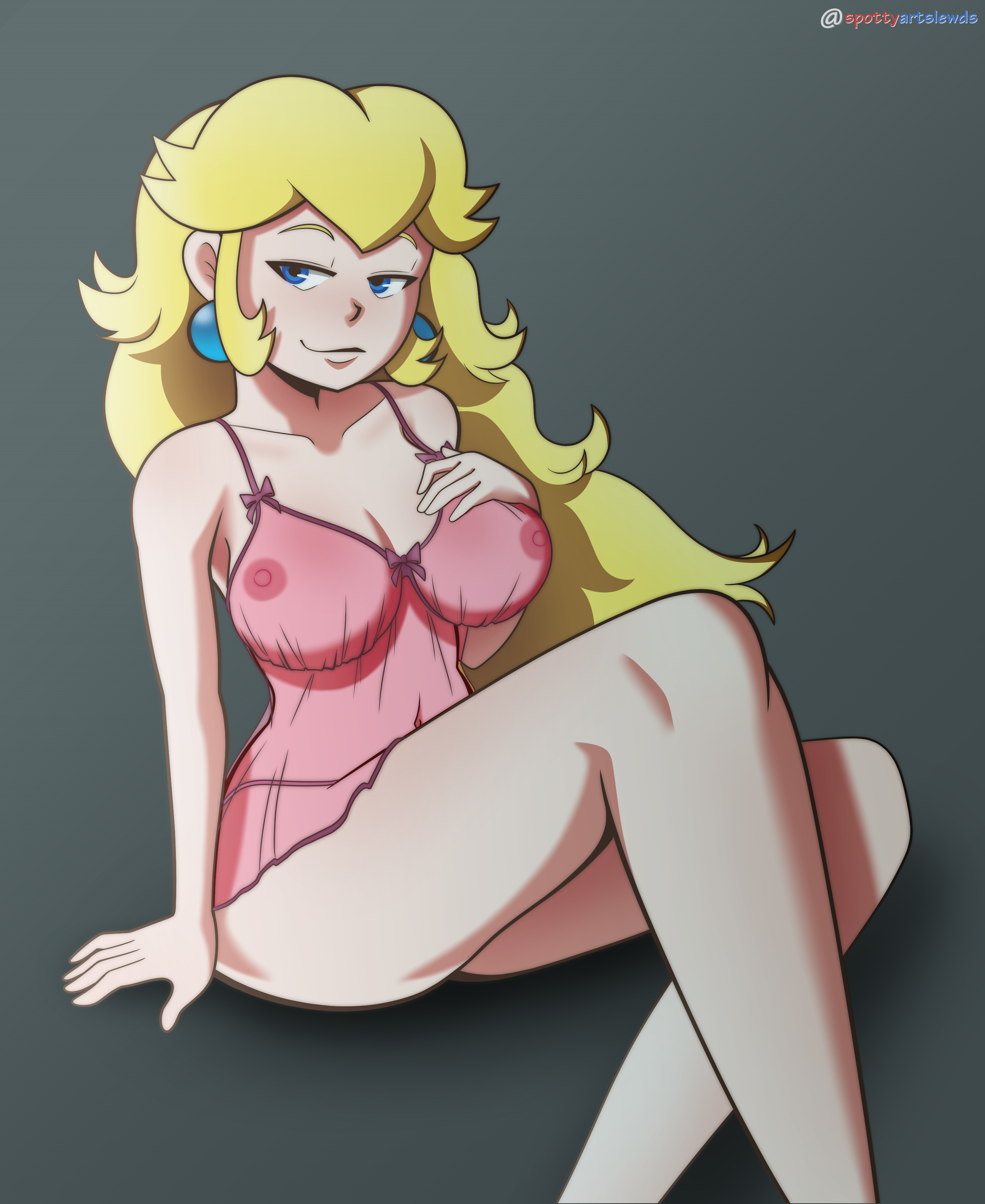 1girls, alternate breast size, blonde hair, blue eyes, breast suppress, breasts, clothing, crossed legs, earrings, female, female only, grey background, half-closed eyes, hand on chest, hi res, human, lingerie, long hair, mario (series), naked thighhighs, negligee, nintendo, nipples, nipples visible through clothing, pinup, princess peach, see-through clothing, simple background, sitting, smile, smiling, solo, spottyartslewd, uncensored, very long hair
