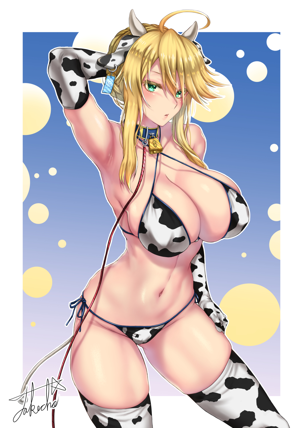 1girls animal_ears animal_print armwear artoria_pendragon artoria_pendragon_(lancer) bangs bare_shoulders bell big_breasts bikini blonde_hair blush braid breasts cleavage collarbone cow_bikini cow_ears cow_horns cow_print cow_print_armwear cow_print_legwear cow_tail cowbell elbow_gloves fake_horns fate/grand_order fate_(series) female female_only french_braid gloves green_eyes hair_between_eyes highres horns large_breasts legwear long_hair looking_at_viewer navel neck_bell print_bikini sidelocks solo solo_female swimsuit tail takecha thighhighs thighs white_bikini white_gloves