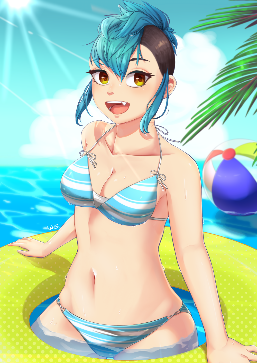 1girls beach beach_ball bikini blue_hair breasts cleavage fang female floating looking_at_viewer oerba_yun_fang payday_2 pov pov_eye_contact side_shave smile smiling solo swimsuit sydney_(payday_2) water wg-p yellow_eyes