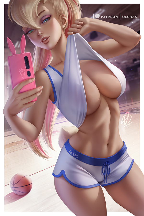 1girls basketball basketball_uniform big_breasts blonde_hair blue_eyes breasts cellphone cleavage female female_only human human_only humanized large_breasts lola_bunny long_hair looking_at_viewer looney_tunes olchas phone realistic selfie solo space_jam warner_brothers