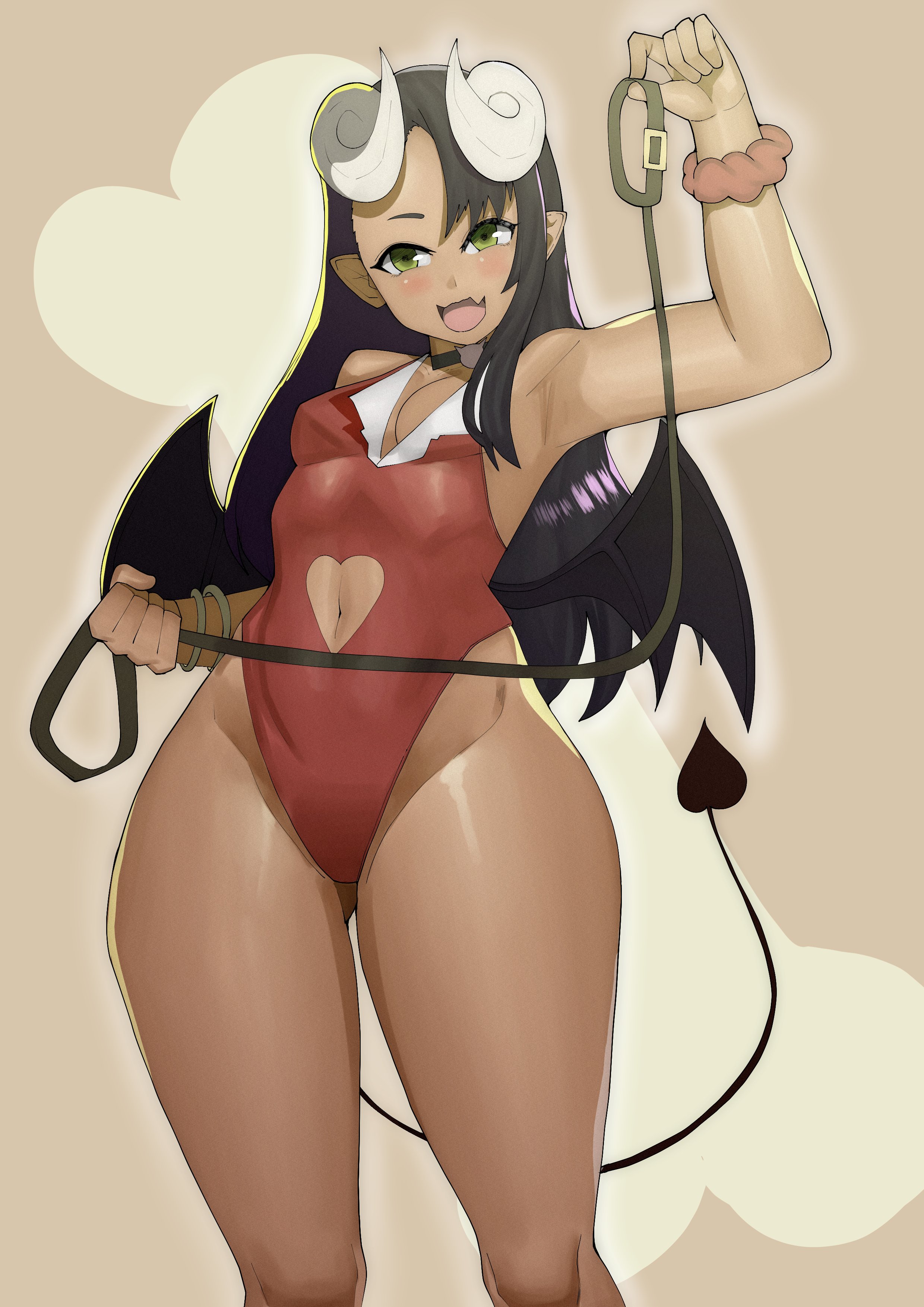 1girls, collar, demon, doublehero, female, female focus, female only, flesh fang, hayase nagatoro, horn, horned humanoid, humanoid, leash, leash and collar, leotard, looking at viewer, navel, open mouth, please don't bully me, nagatoro, simple background, smug, smug face, solo, solo female, solo focus, succubus, tail, thick thighs, thigh gap, toned, toned belly, toned body, toned female, toned stomach, wide hips