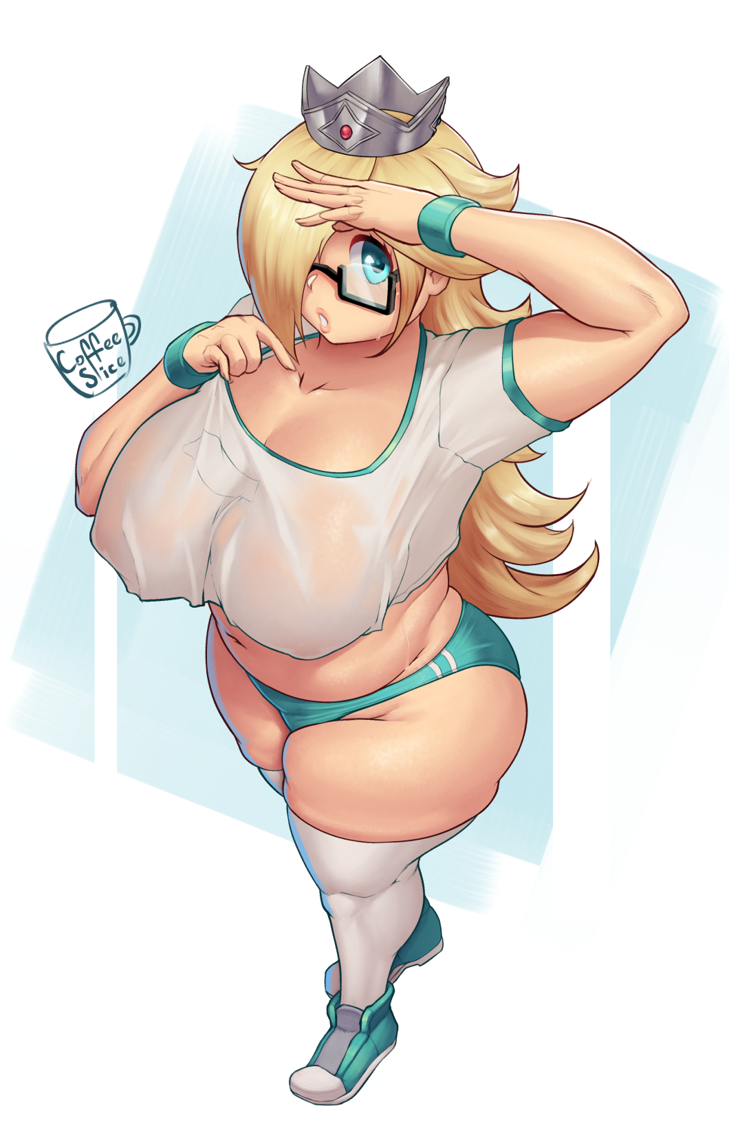 1girls, areolae, arm up, blonde hair, blue eyes, breasts, buruma, coffeeslice, female, female focus, female only, full body, glasses, gym uniform, horny, huge breasts, large breasts, long hair, looking at viewer, mario (series), naked, nintendo, nipples, nude, nude female, princess rosalina, shirt, shoes, simple background, skindentation, slightly chubby, solo, solo female, standing, super mario galaxy, thick thighs, thighhighs, thighs, tight clothing, uniform, voluptuous, white shirt, wide hips