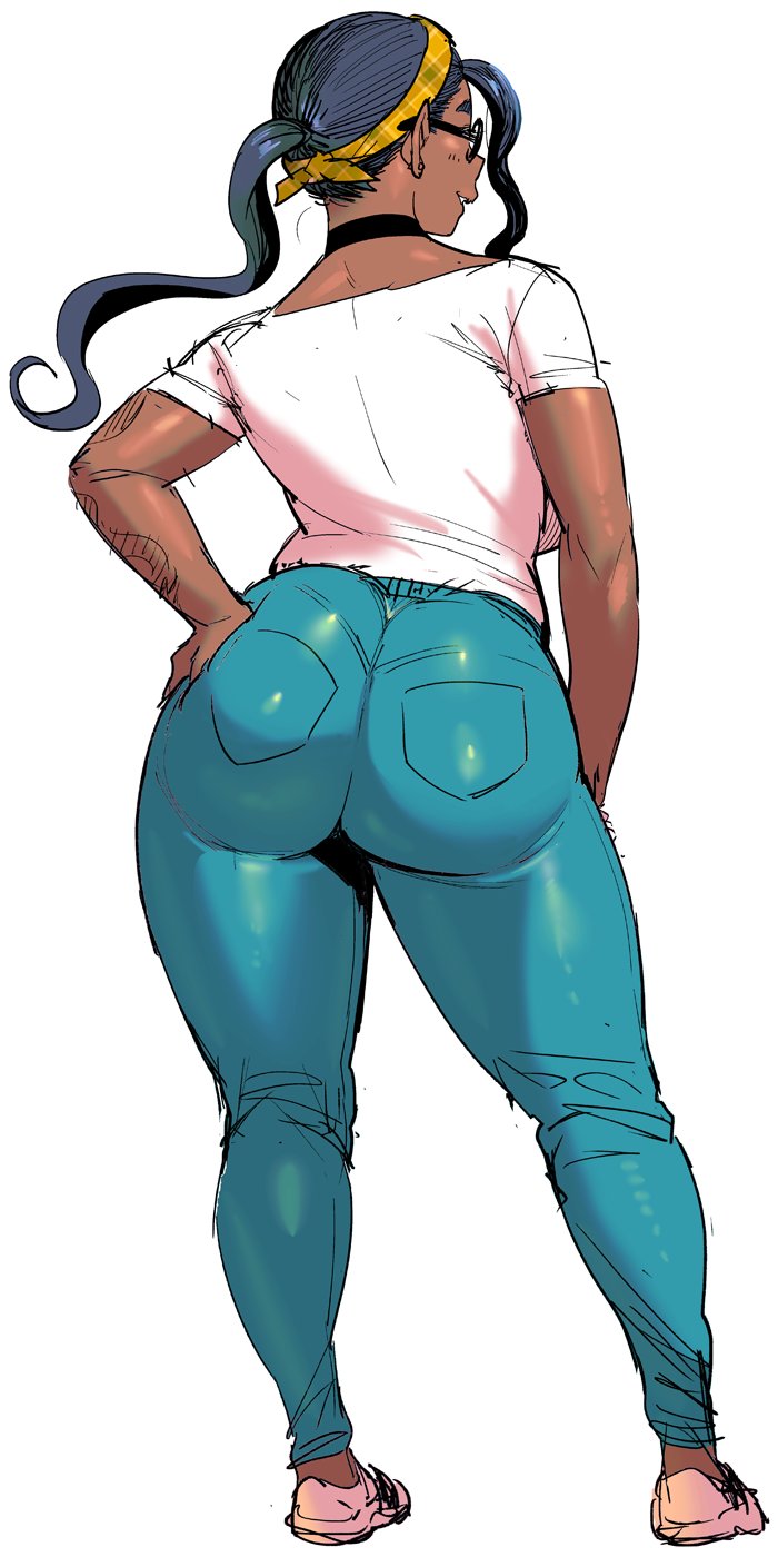 1girls ass big_ass big_breasts breasts brown_hair curvy dark-skinned_female dark_skin dat_ass elf-san_wa_yaserarenai female from_behind glasses gorgon huge_ass humanoid jeans large_breasts long_hair looking_back medesa pants pointy_ears sideboob smiling synecdoche thick_thighs tight_jeans tight_pants wide_hips