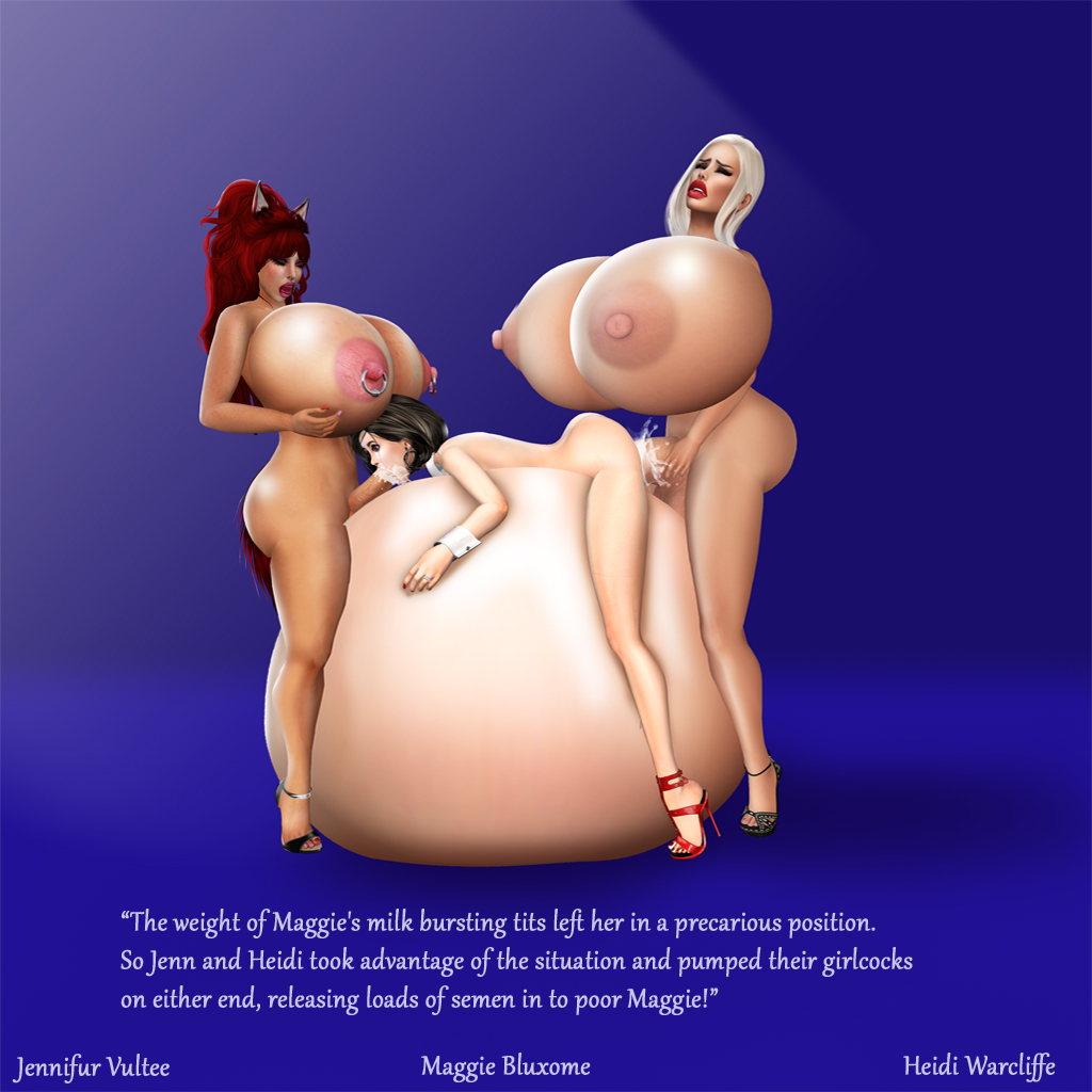 1girls 2futas black_hair blonde_hair blowjob breast_expansion breasts cum_inflation cum_inside cumming dickgirl english english_text erect_nipples erection futa_on_female futanari gangbang gradient_background heidi_warcliffe high_heels huge_breasts huge_cock hyper hyper_belly hyper_breasts hyper_inflation jennifur_vultee kemonomimi maggie_bluxome_(artist) narration nipple_piercing nude nude_female nude_futanari oral red_hair second_life short_hair text