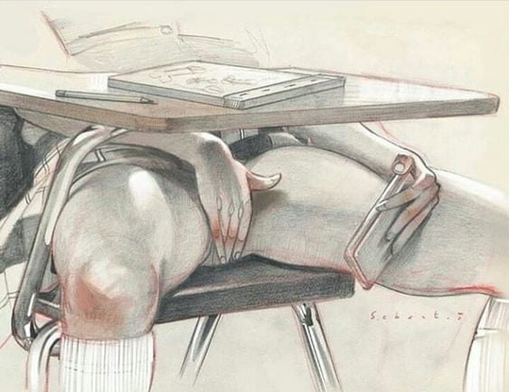 1girls, black and white, classroom, drawing, female, female masturbation, filming, hand on pussy, masturbation, on chair, open legs, phone, phone sex, pussy, school uniform, schoolgirl, sitting on chair, skirt pull, socks, stealth masturbation