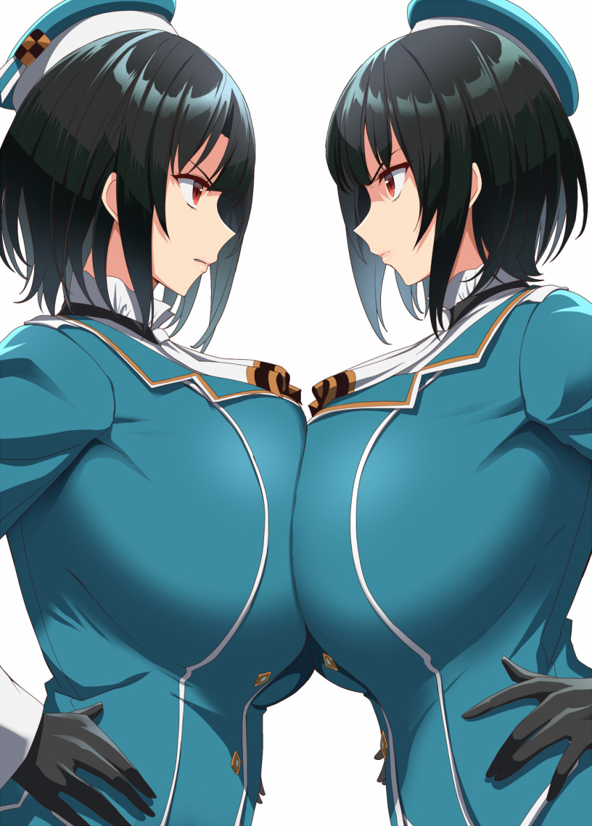 2d 2girls angry black_hair breast breast_on_breasts breast_press breasts catfight clone competition counterpart dark_hair dual_persona eye_contact gloves huge_breasts hyper hyper_breasts kantai_collection kloah multiple_girls red_eyes rivals short_hair sideboob sideview staredown symmetrical_docking takao_(kantai_collection) top_heavy voluptuous