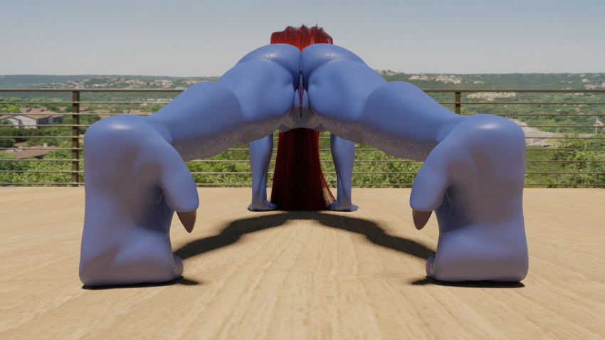 3d anthro anus ass blue_body blue_skin exercise female fish from_behind_position genitals glistening hair landscape marine muscular muscular_female nude outside push-up pussy raedainfossa railing red_hair sex solo undertale undyne video_games