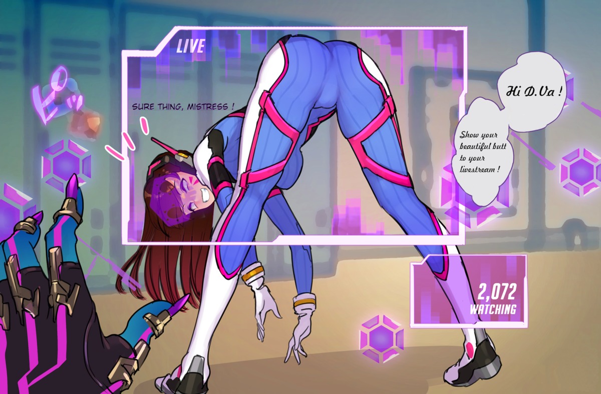 2girls, ass, ass focus, d.va, edit, female, female only, hypnosis, mind control, overwatch, pandami, presenting hindquarters, smile, solo focus, sombra, text, tight clothing