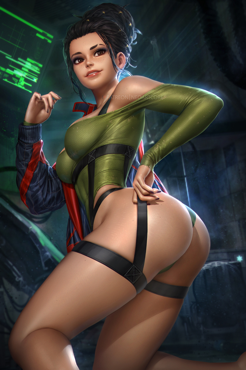 1girls, ass, big ass, big breasts, breasts, cd projekt red, clothed, cyberpunk 2077, female, female only, large breasts, neoartcore, panam palmer, realistic, small eyes, solo, watermark