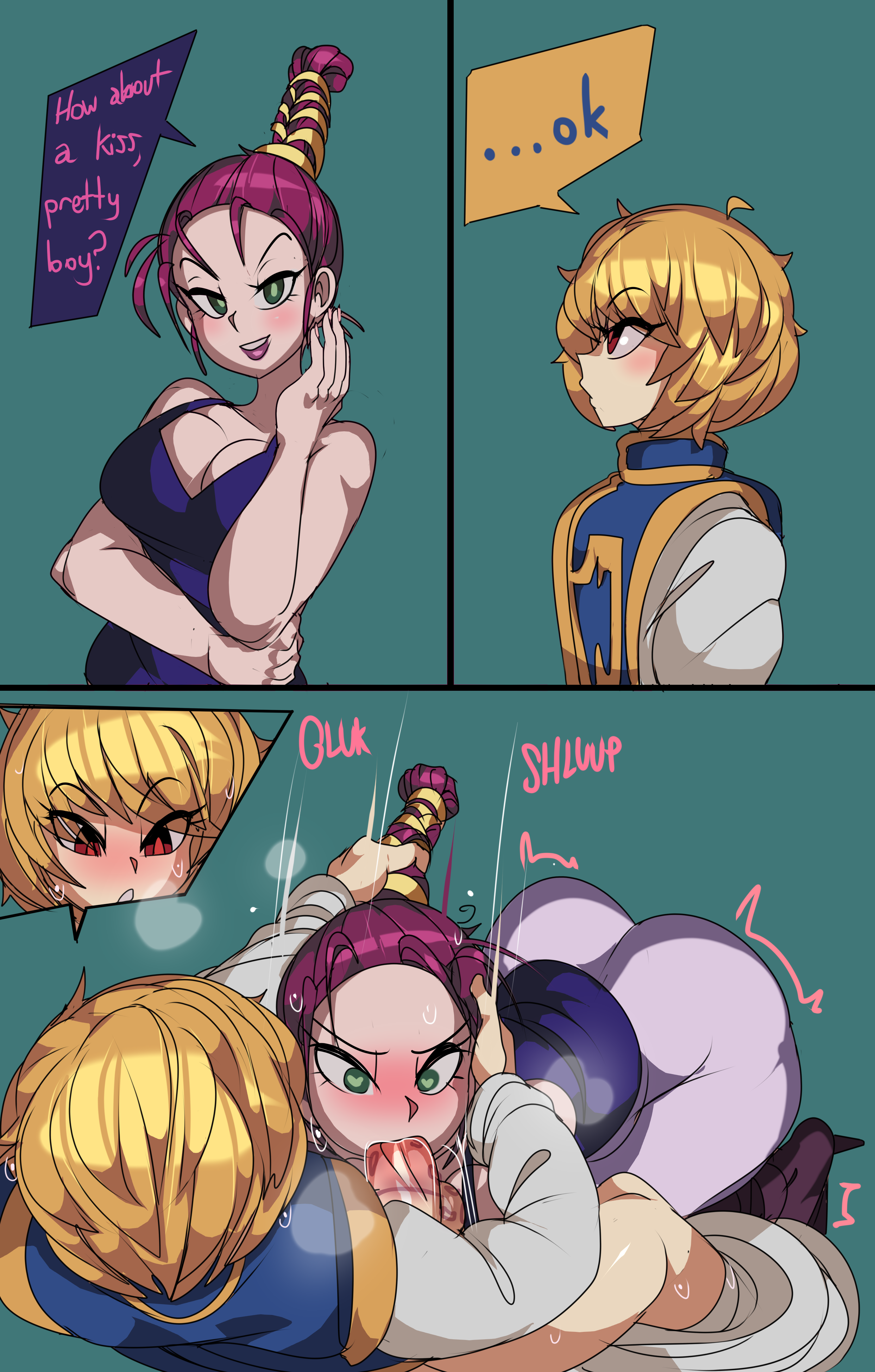 1boy, 1girls, androgynous, baise, balls, blonde hair, blowjob, captain kirb, deep blowjob, deepthroat mark, english text, face fucking, female, femboy, femboy on female, girly, hair grab, hunter x hunter, kiss mark, kurapika, lipstick, lipstick mark, lipstick on balls, lipstick on penis, male, oral, penis, purple hair, sound effects, speech bubble, story, text, text bubble, throat fuck