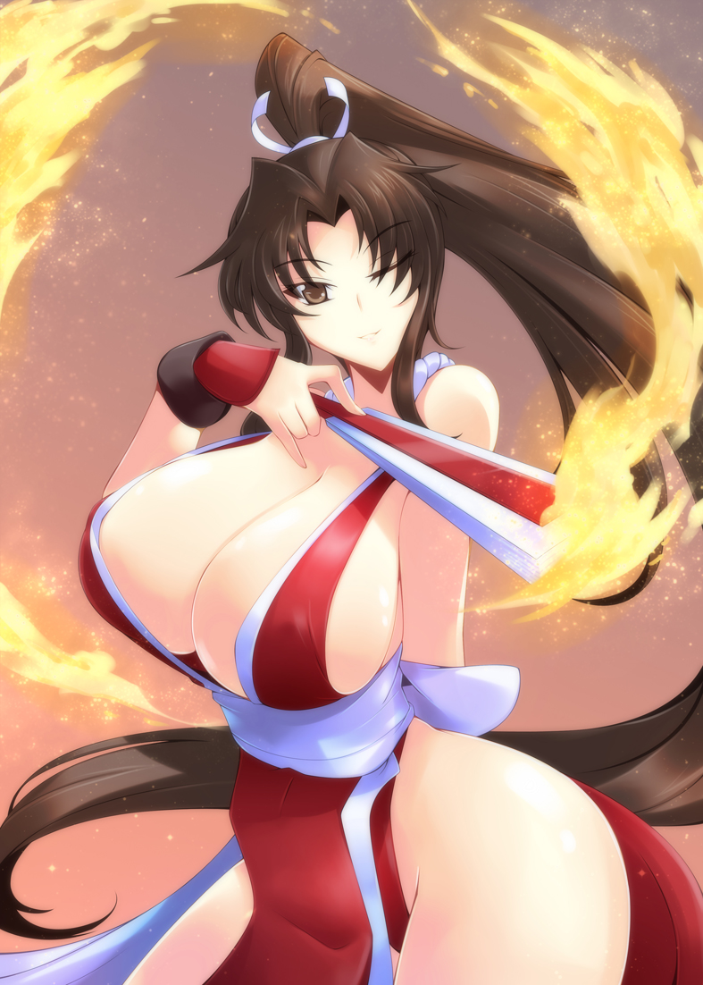 1girls, breasts, brown hair, cleavage, eyebrows visible through hair, eyes visible through hair, fatal fury, female, green eyes, haganef, king of fighters, large breasts, looking at viewer, mai shiranui, revealing clothes, snk, tagme, wink