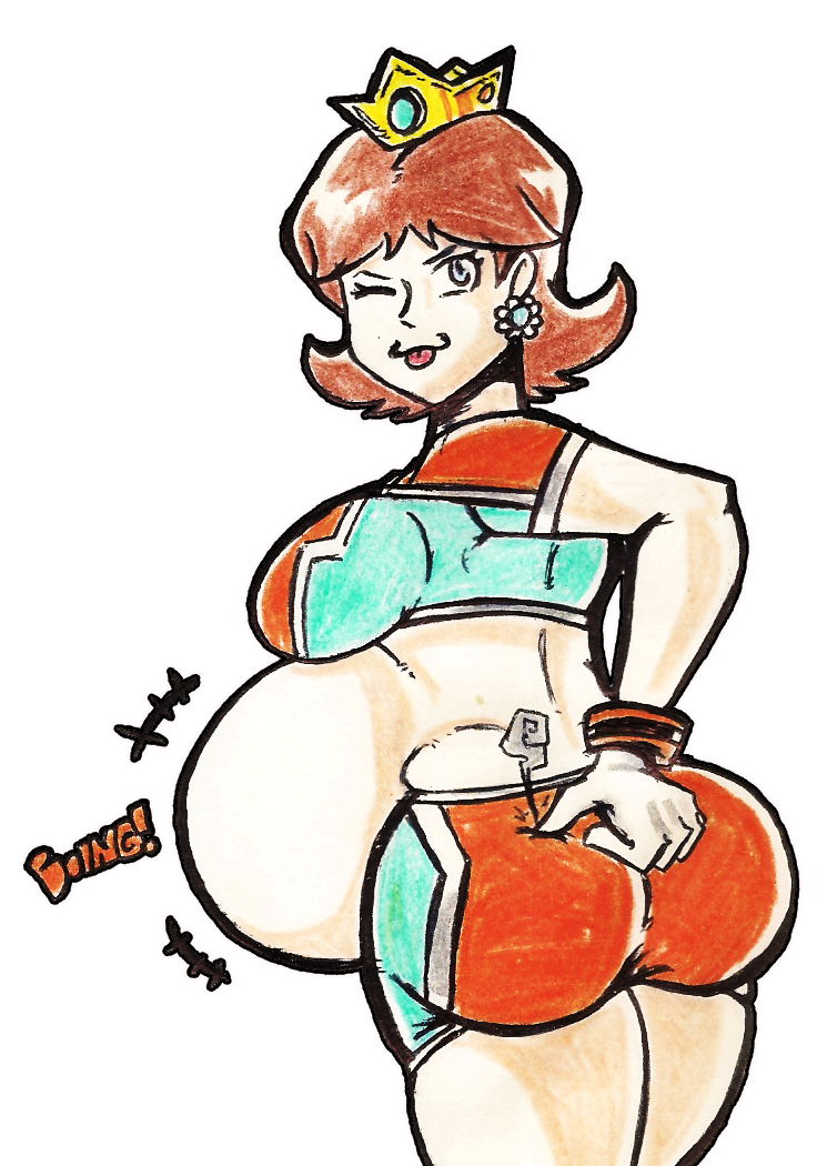 backview big_ass big_belly big_breasts brown_hair crown earrings female finger_on_ass looking_at_viewer mario_(series) mario_strikers nasuokaa-san pregnant princess_daisy short_hair soccer solo thick_thighs tomboy tongue_out wink