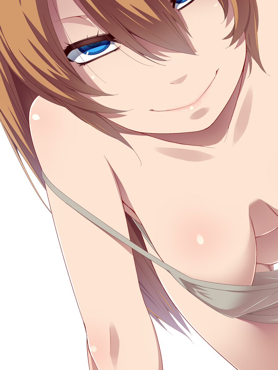 1girls, asuka langley sohryu, blue eyes, bottomless, breasts, clothing, downblouse, female, female only, hair between eyes, hayashi custom, neon genesis evangelion, orange hair, red hair, small breasts, smile, smirk, tank top