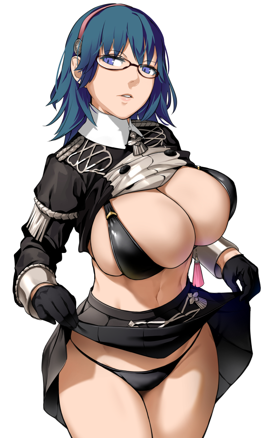 1girls, alternate costume, bakkanki, bikini, black bikini, black swimsuit, breasts, byleth (fire emblem), byleth (fire emblem) (female), expressionless, female, fire emblem, fire emblem heroes, fire emblem: three houses, garreg mach monastery uniform, glasses, huge breasts, looking at viewer, nintendo, official alternate costume, presenting breasts, presenting panties, school uniform, shirt, skirt, skirt lift, solo, standing, swimsuit, thick thighs